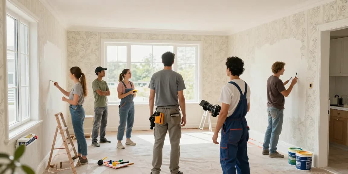 General contracting team applying fresh paint and wallpaper in a renovated home