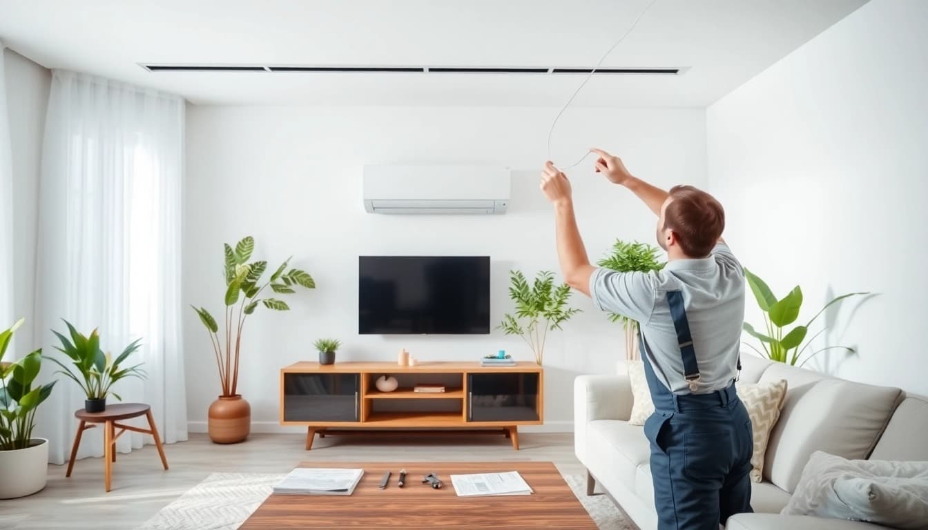 Technician installing a Mitsubishi mini split AC system showcasing a professional setup in a modern living space.