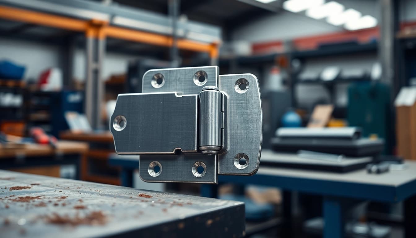 View of a detailed metallic hinge from a Hinge Supplier displayed in a workshop environment.
