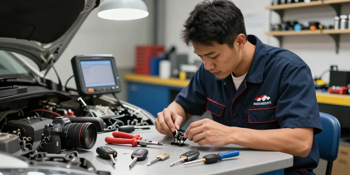 Locksmith addressing a contactslot probleem in a professional workshop with tools and a variety of car keys.