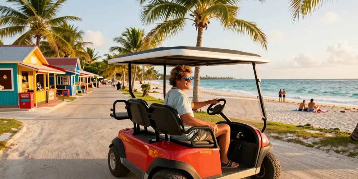 Belize golf cart rental adventure on Ambergris Caye with sunny beach backdrop.