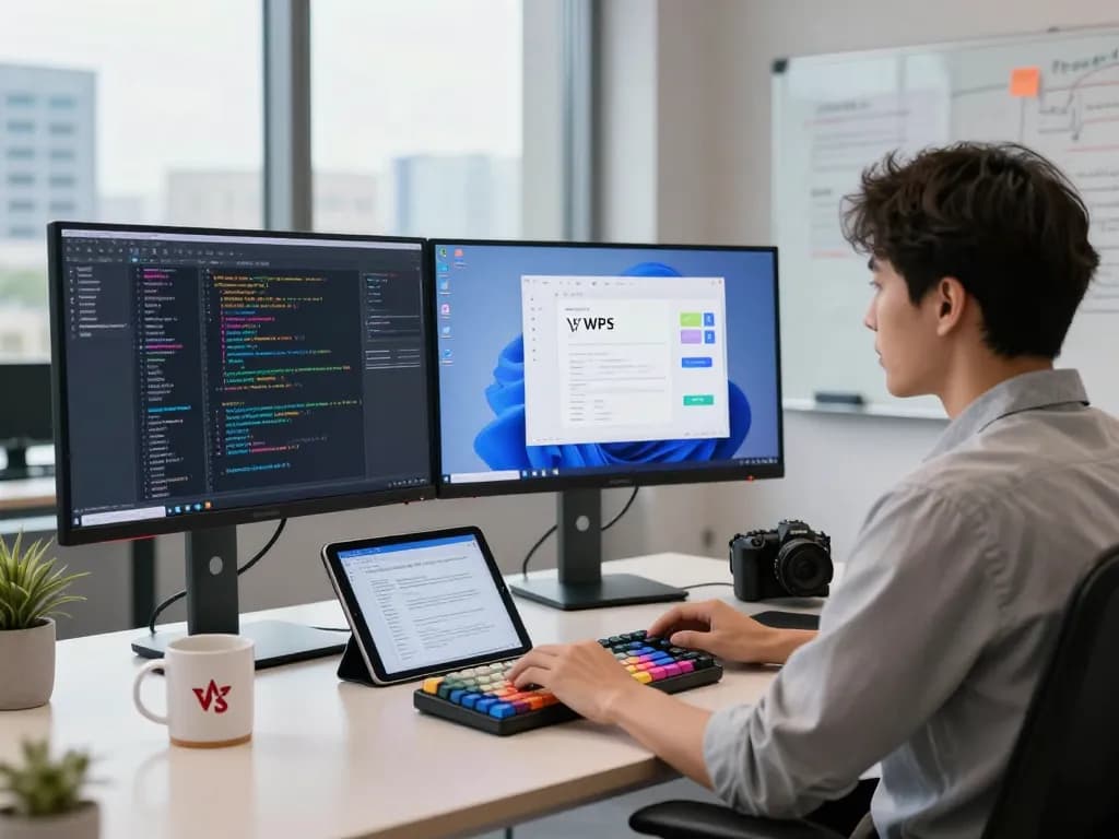 Developer using WPS下载 in a modern office, showcasing coding and productivity.