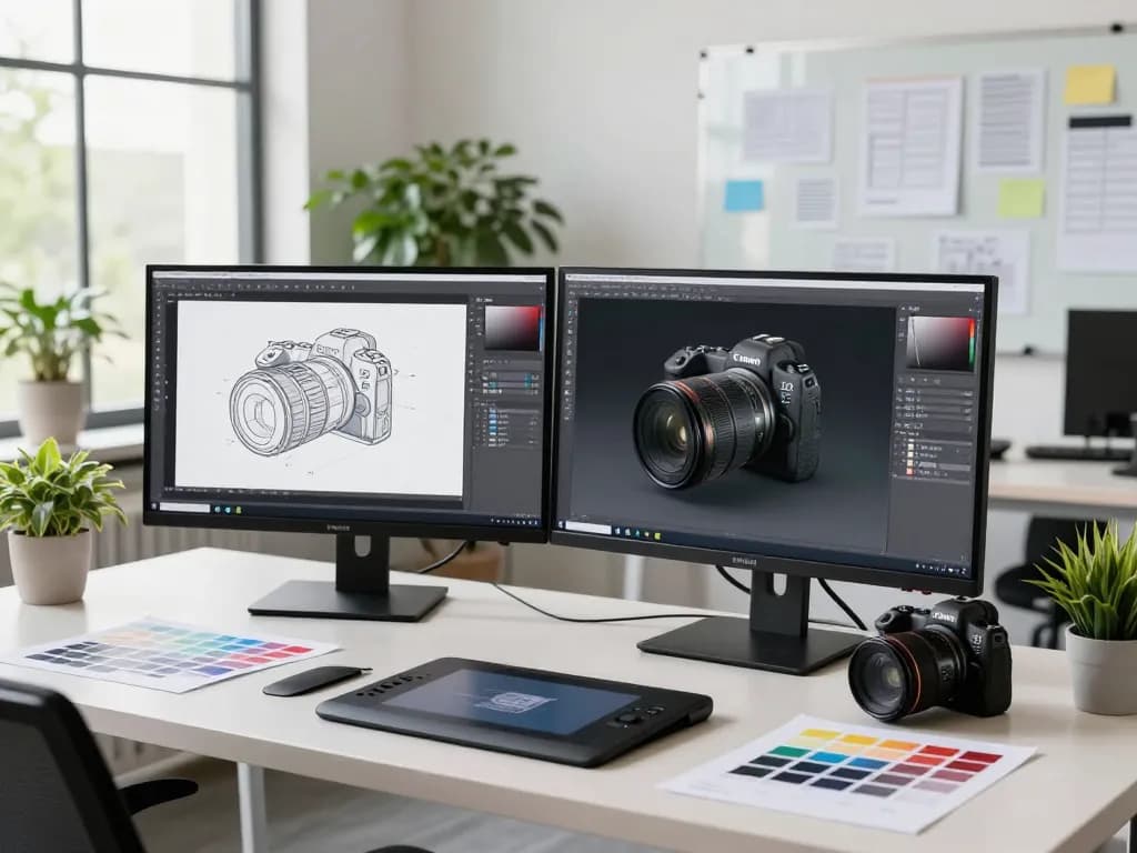 Image to 3D model generation in a modern tech workspace with designer tools and vibrant atmosphere.