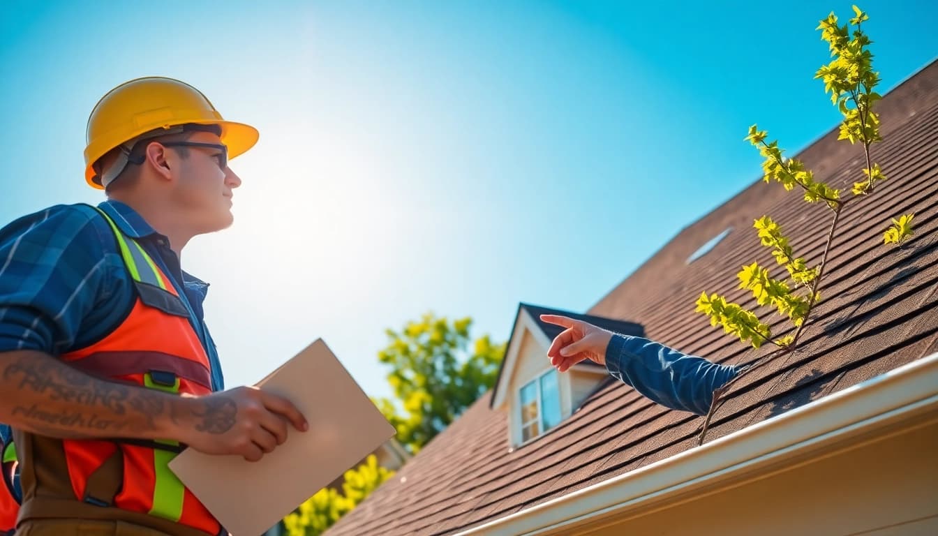 Roofing contractor inspecting a residential roof, ensuring quality and safety.
