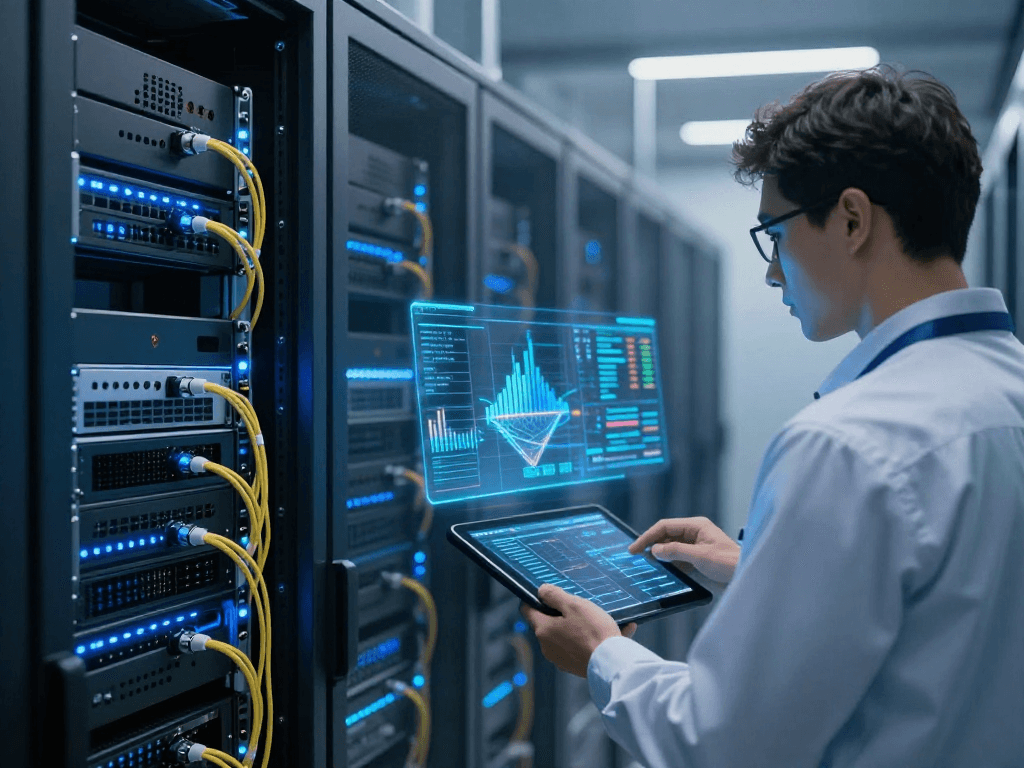 UK IPTV technology showcased with advanced cloud computing infrastructure and robust cybersecurity systems in a modern data center.