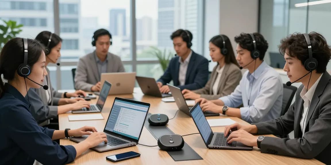 Team collaborating in a modern office with headsets and VoIP phones, showcasing Telecomshop.nl’s products for business.