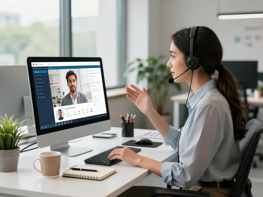 Recruiter using a voice interview platform for efficient candidate screening in a modern office.