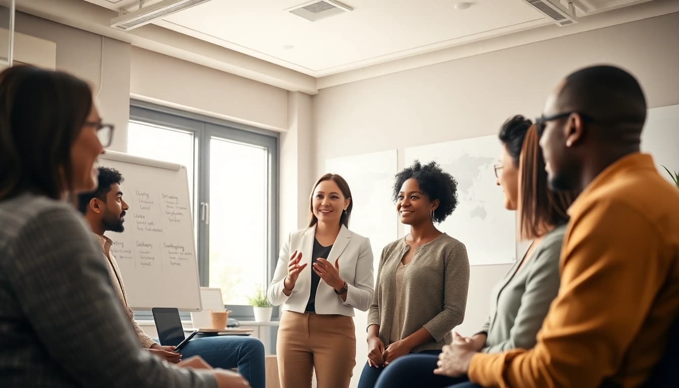 Career coaching session with a diverse group in a professional office.