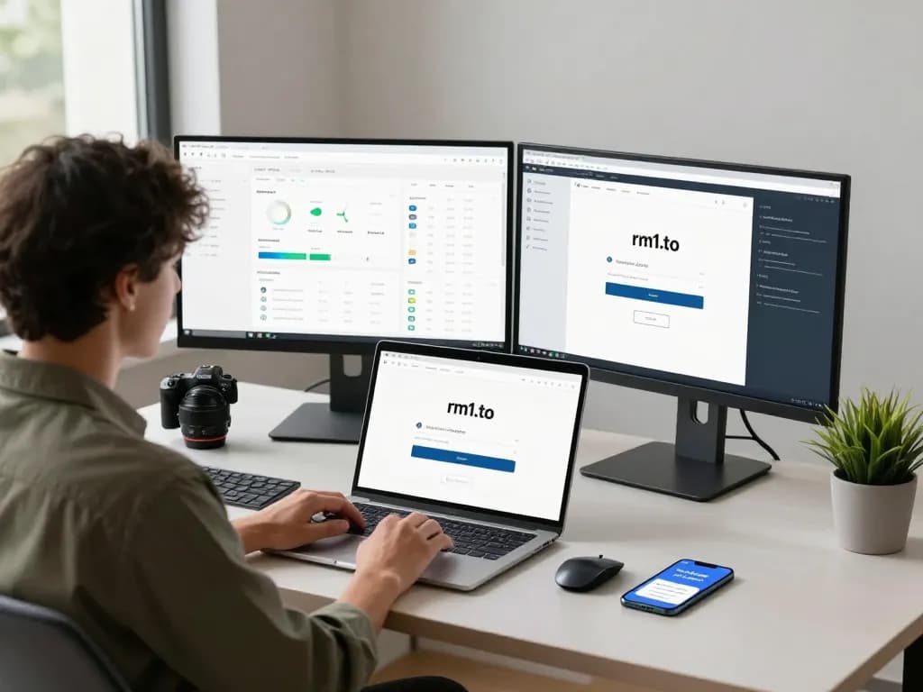 User accessing rm1.to login page in a modern tech workspace with dual monitors.