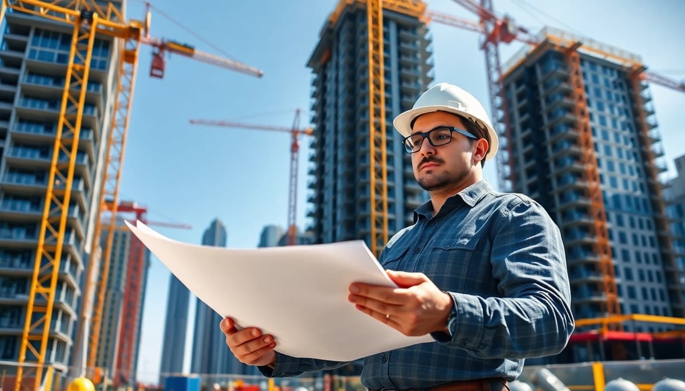 Manhattan General Contractor inspecting blueprints at a bustling construction site.