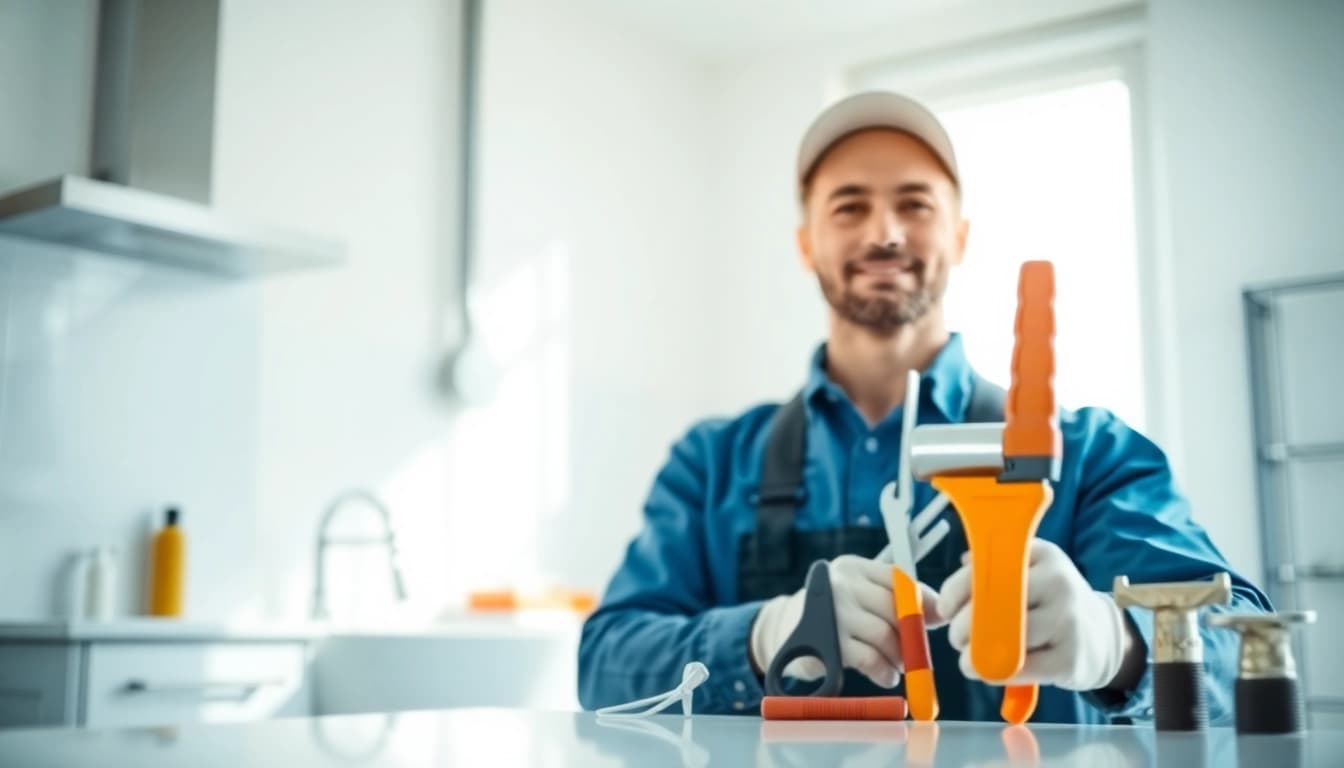 Plumber near me fixing pipes in a modern kitchen setting.