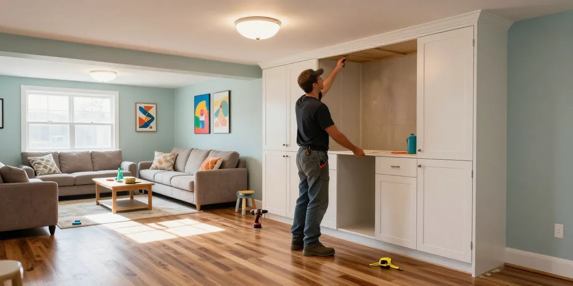 Beautiful Oakville basement renovation showcasing custom cabinetry installation in a family space.