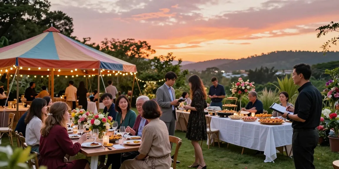Outdoor celebration scene showcasing entertaining blogs with guests enjoying a beautifully decorated garden party.
