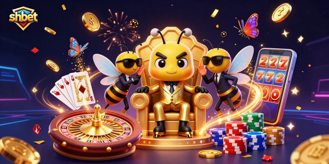 Experience shbet's thrilling casino atmosphere with cartoon characters amidst sparkling game elements.