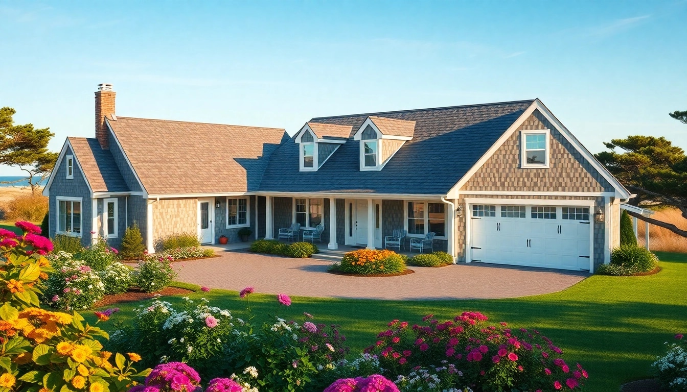 Cape Cod homes with an attached garage and beautiful landscaping, showcasing coastal elegance.