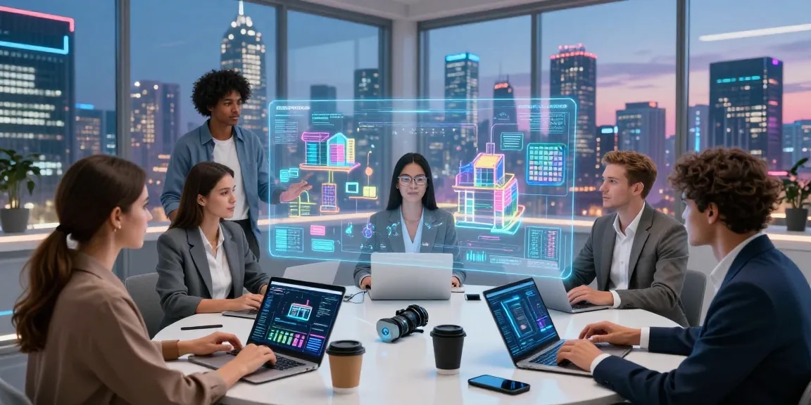 Investors exploring rokok88 slot opportunities in a modern virtual property landscape, highlighted by holographic data displays and an urban skyline backdrop.