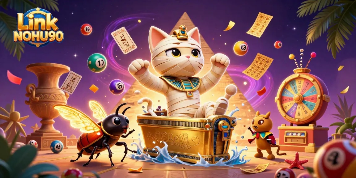Engaging the gaming saga with Link NOHU90, featuring an Egyptian mummy cat and vibrant casino elements.