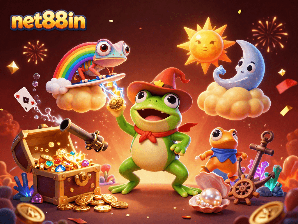 Experience magical wins at net88in with an enchanting 3D casino scene featuring vibrant characters and treasures.