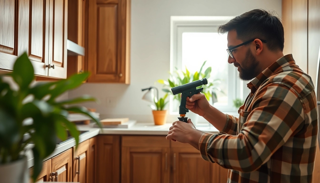 Cabinet Refacing Largo FL services showcased by a professional carpenter in a modern kitchen.