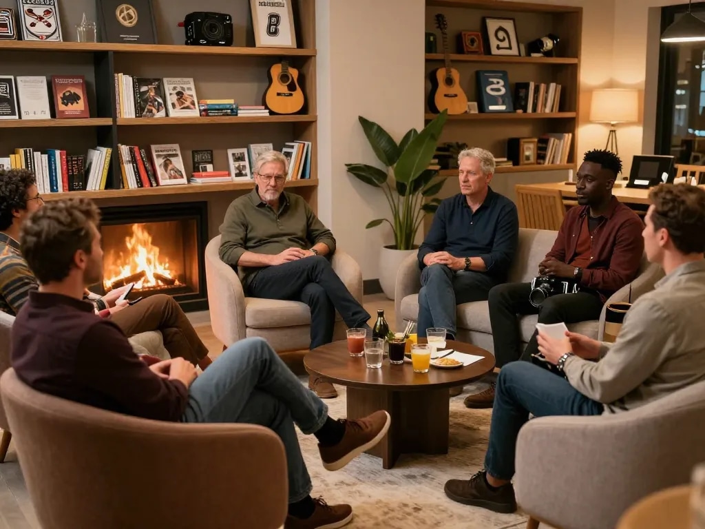 Men club gathering in a cozy lounge setting promoting conversation and camaraderie.