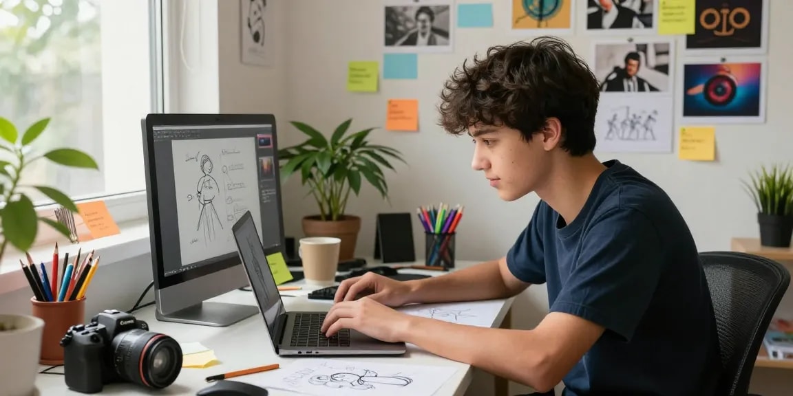 Youthful creative workspace of a high school student at dejny.eu, showing digital design activities and artistic inspirations.