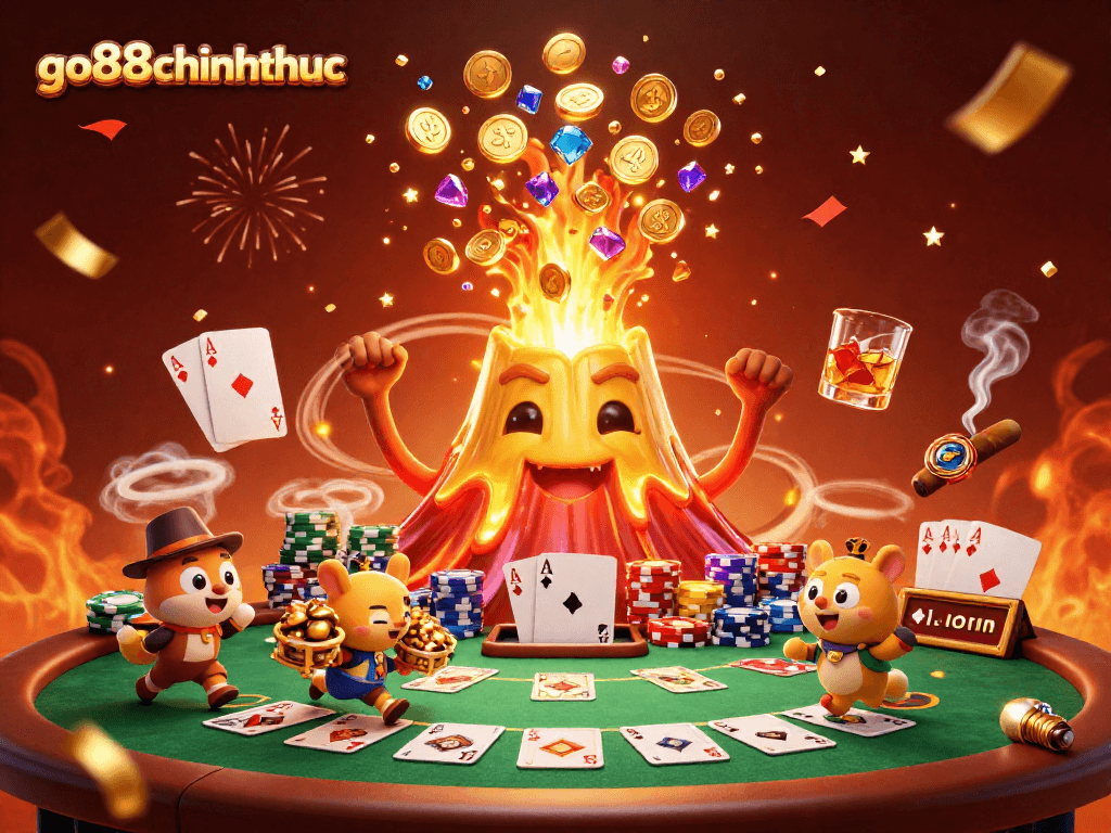 Experience excitement with go88chinhthuc as the golden volcano erupts treasures around a lively poker scene.