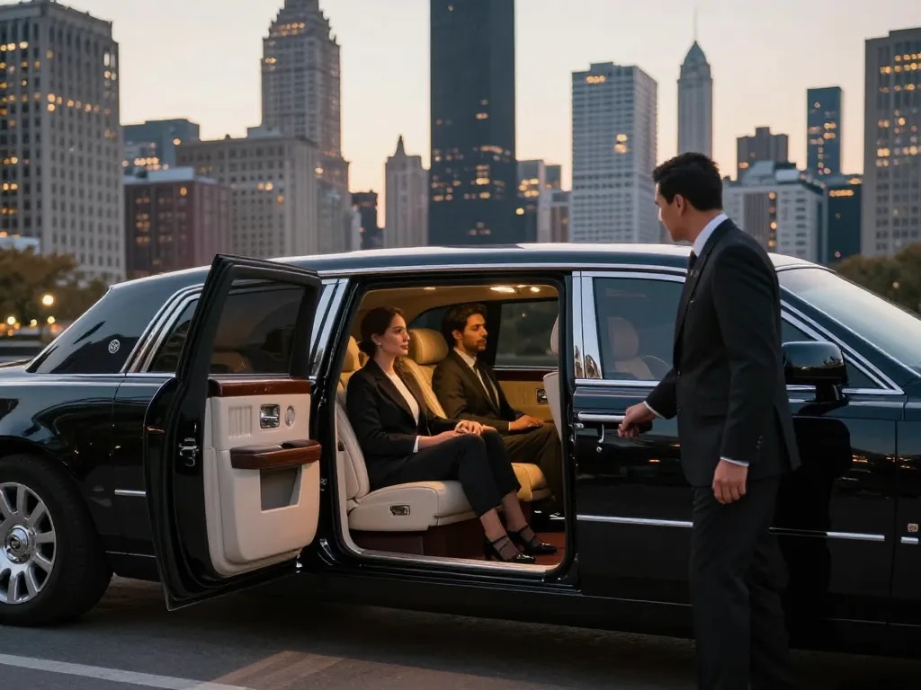 Luxury limousine service experience in Plainfield, Illinois with professional chauffeur and elegant couple.