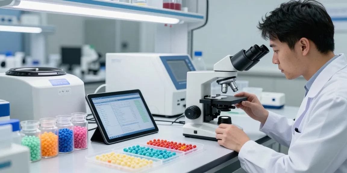 Examining polymer expandable microspheres in a scientific laboratory setting with vibrant samples.