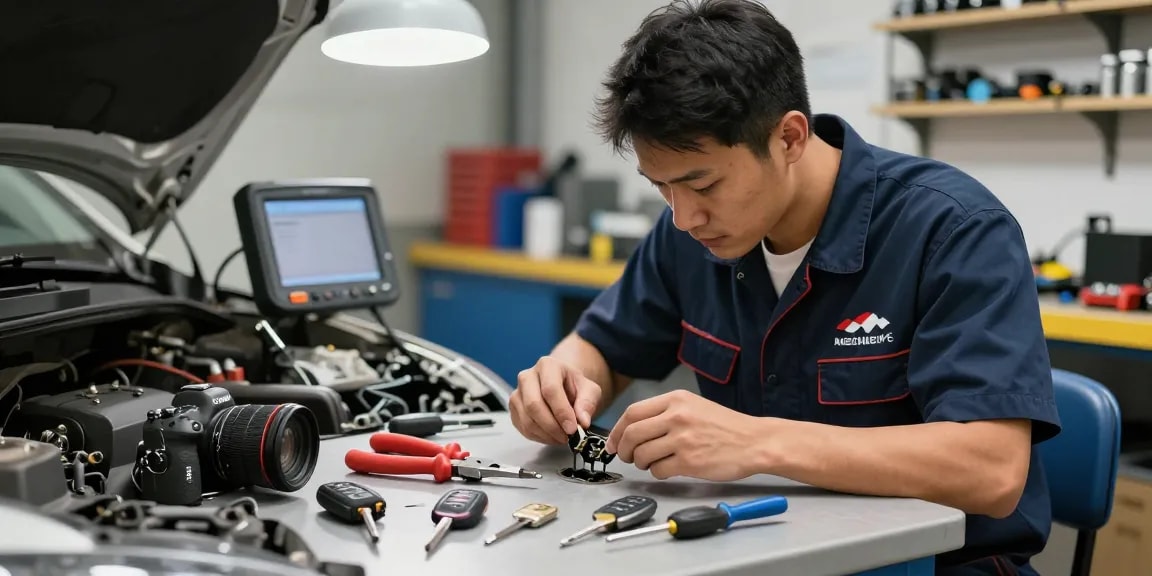 Locksmith addressing a contactslot probleem in a professional workshop with tools and a variety of car keys.