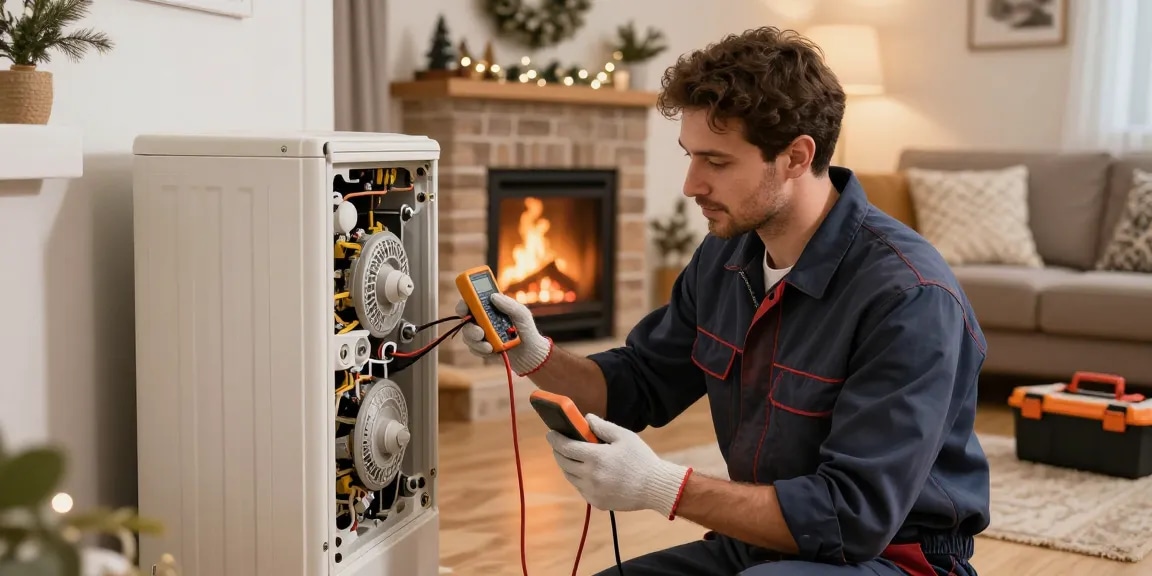 Van baymak servisi technician repairing a kombi in a warm home setting
