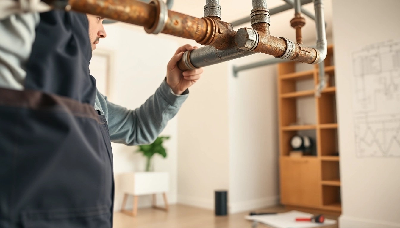 Whole house repiping services St Petersburg FL showcased by a plumber examining pipes in a modern home setting.