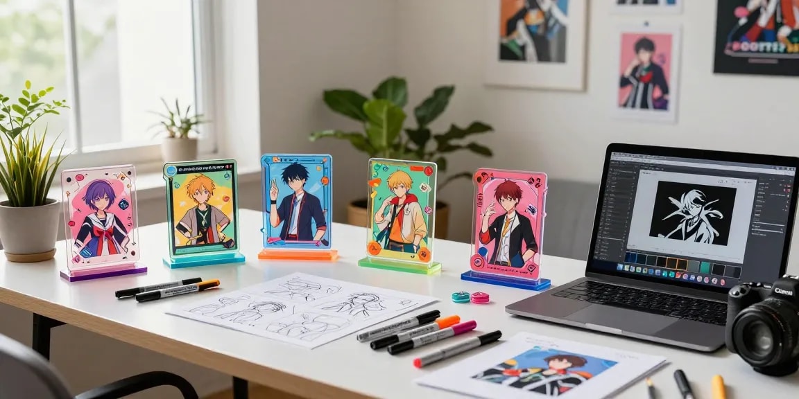 Custom acrylic standee designs on a vibrant workspace table showing creativity and personalization.
