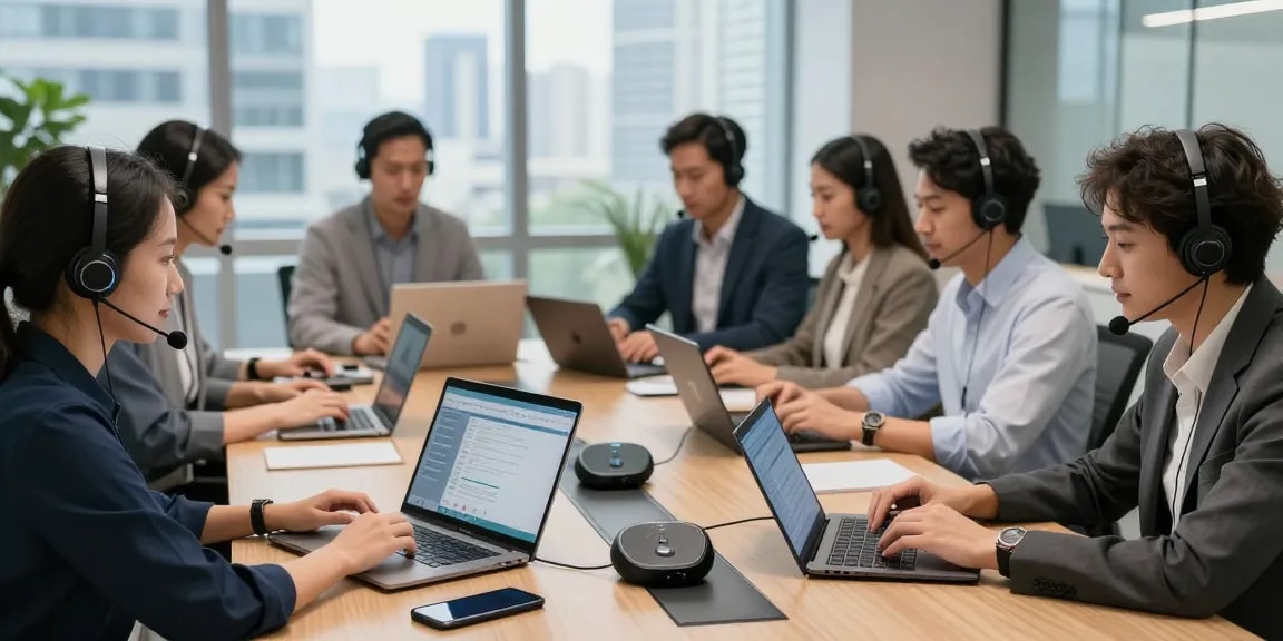 Team collaborating in a modern office with headsets and VoIP phones, showcasing Telecomshop.nl’s products for business.