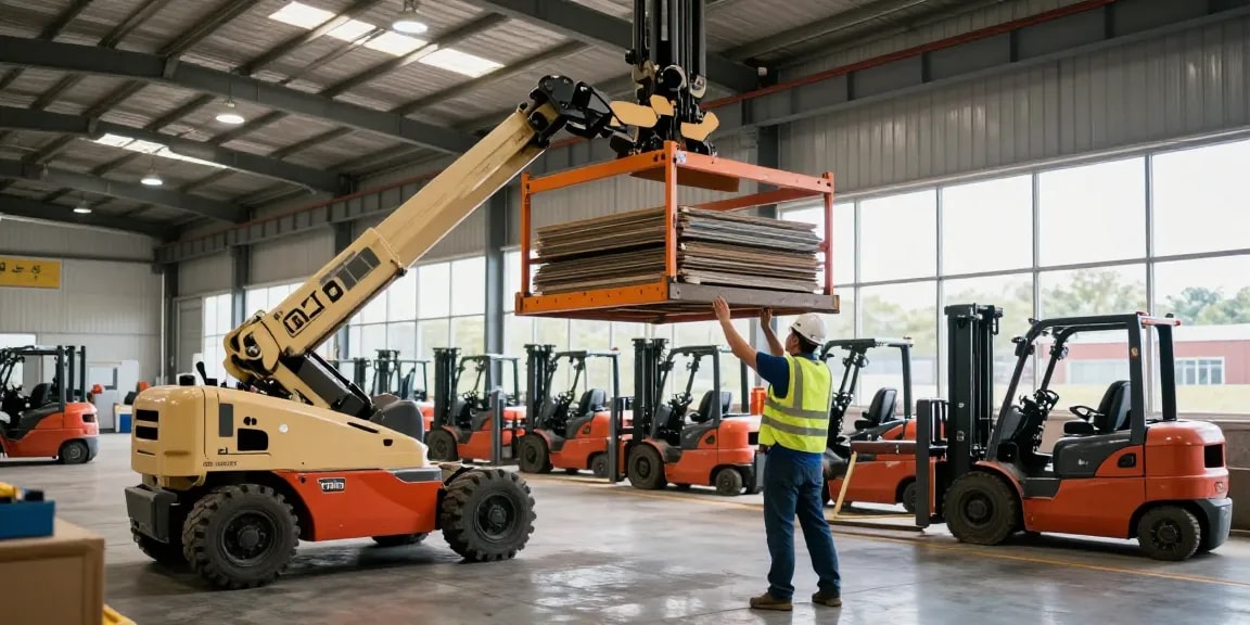 Texlift lift in action with an electric telescopic wheel loader lifting materials in a bright warehouse.
