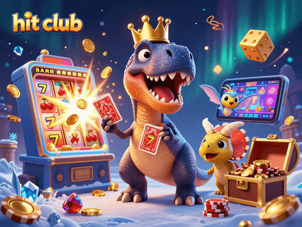 Engage with hit club action featuring a T-Rex, Pterodactyl, and Triceratops in a vibrant casino scene.