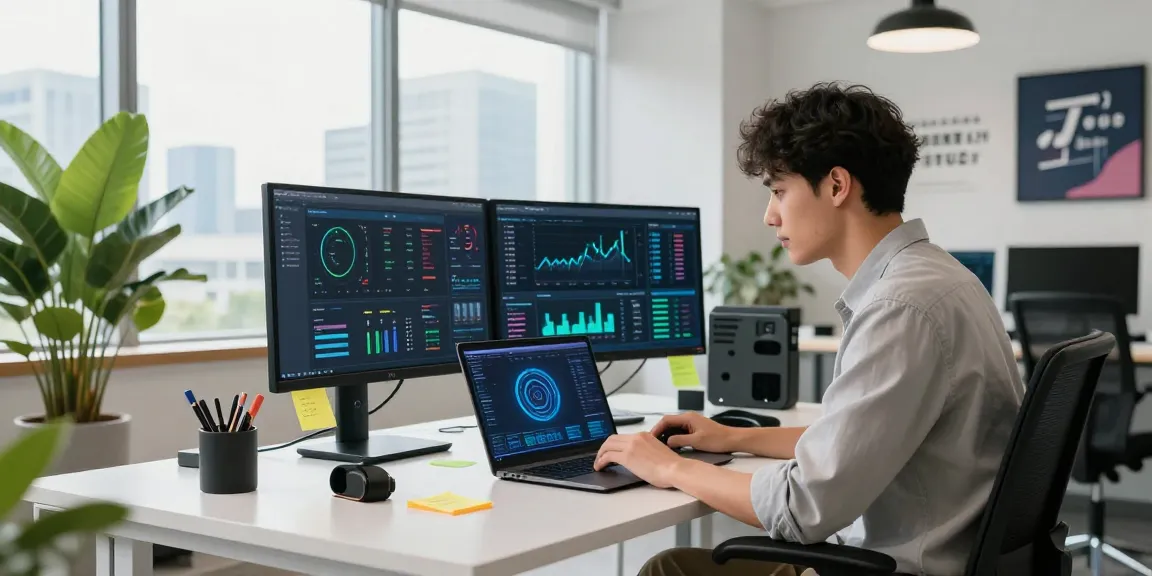 Innovative workspace showcasing pc optimizer software on dual monitors, highlighting enhanced system performance and productivity.
