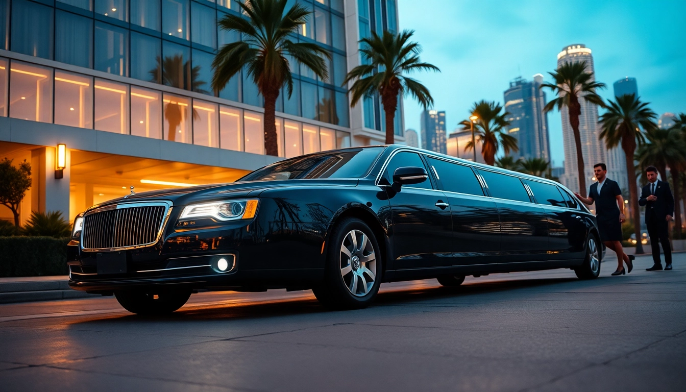 Hollywood Town Car and Limousine offers luxury transport outside a high-end LA hotel, highlighting elegance and top-tier service.