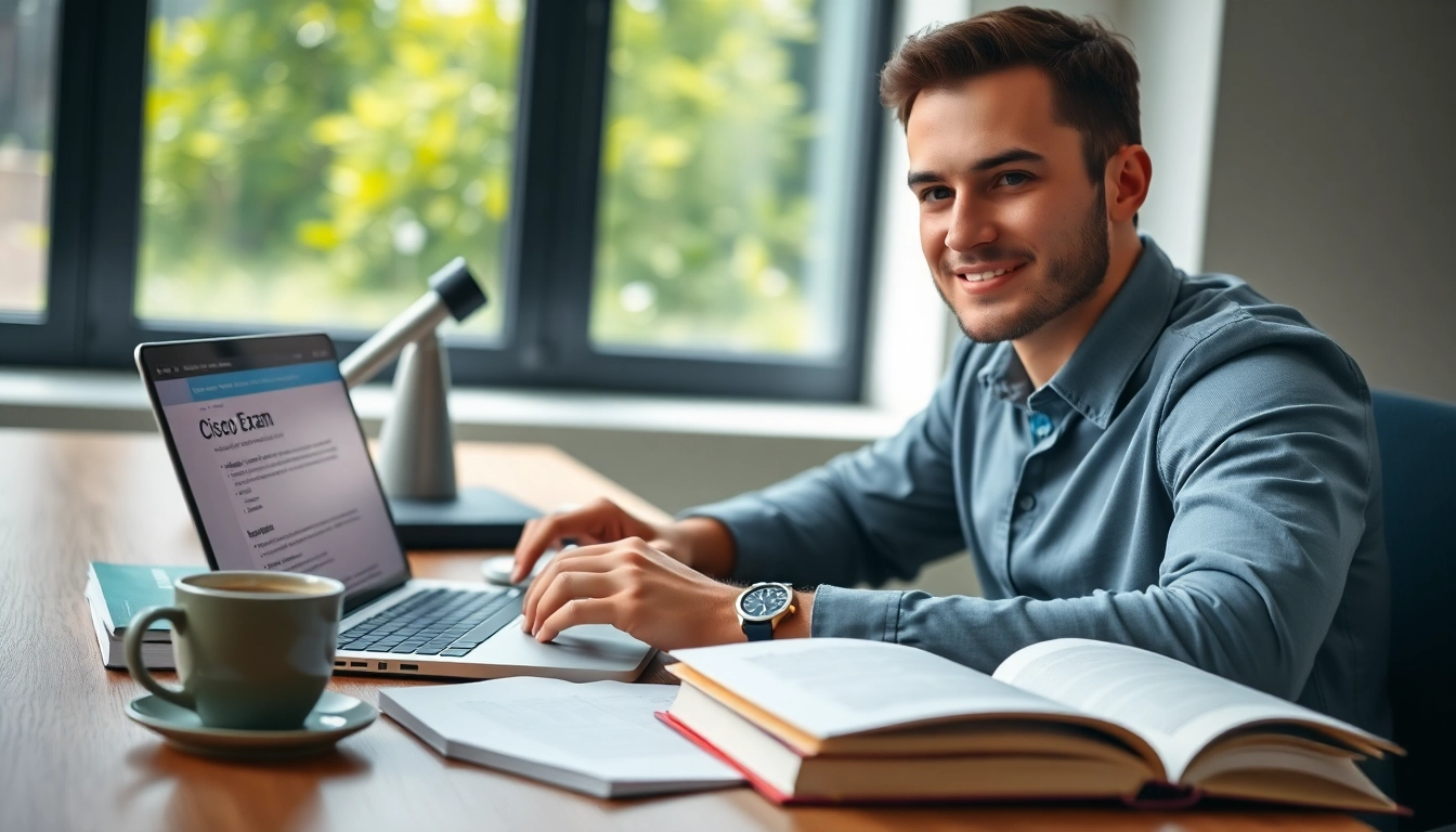Cisco exam assistance for students in a modern study setting with laptop and books.