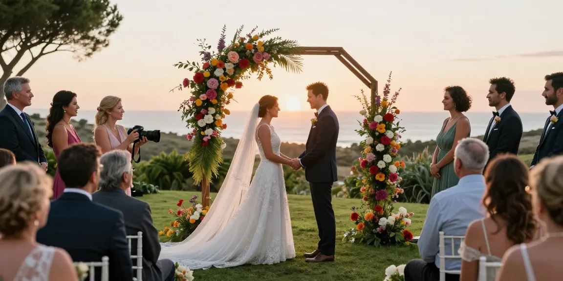 Couple exchanging vows at sunset wedding in Algarve with dr 70 emotional moments captured by photographer.