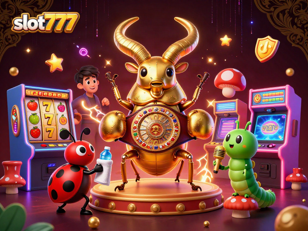Experience the thrill of slot777 with vibrant slot machines and dynamic cartoon characters in a lively casino scene.