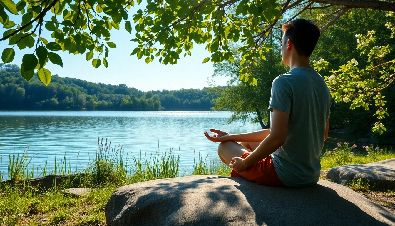 Promote mental wellness through meditation in a serene nature setting by a tranquil lake.