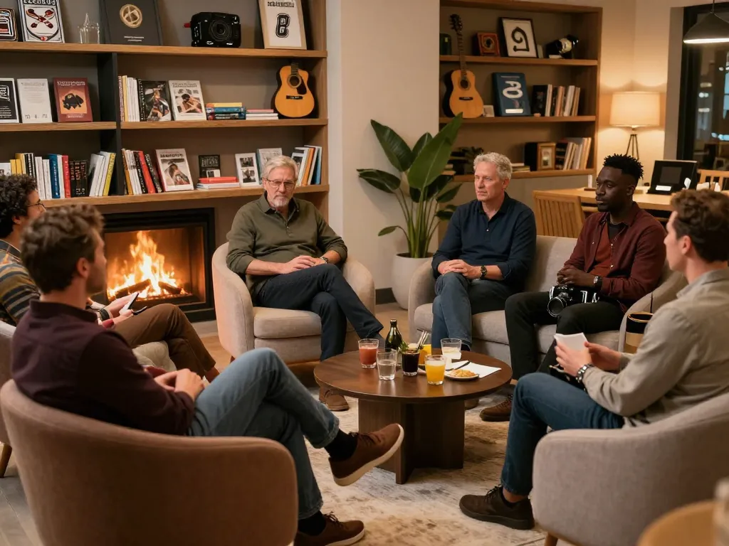 Men club gathering in a cozy lounge setting promoting conversation and camaraderie.