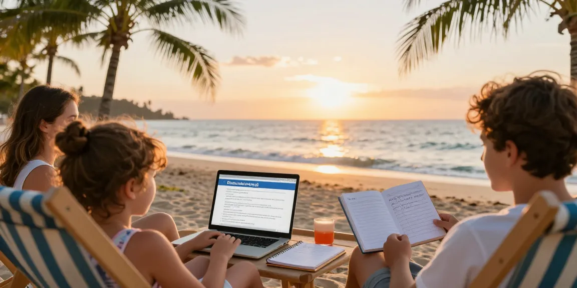 Cancel my timeshare discussion at beach resort, family with laptop and notes.