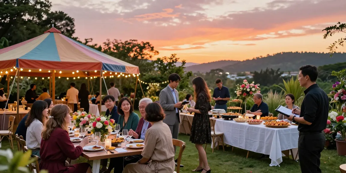 Outdoor celebration scene showcasing entertaining blogs with guests enjoying a beautifully decorated garden party.