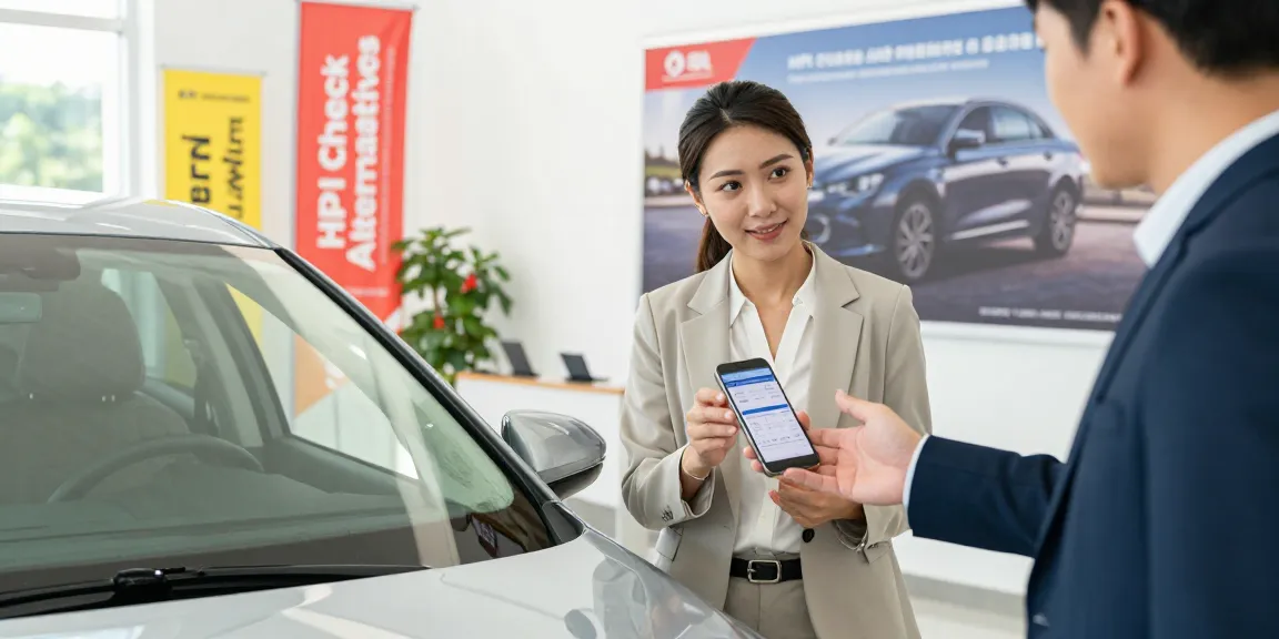 Buyer checking an HPI check alternative on smartphone while evaluating a used car at a dealership.