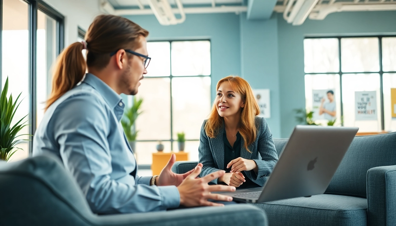 Engaging career coaching session showing a professional coach guiding a client in a modern office.