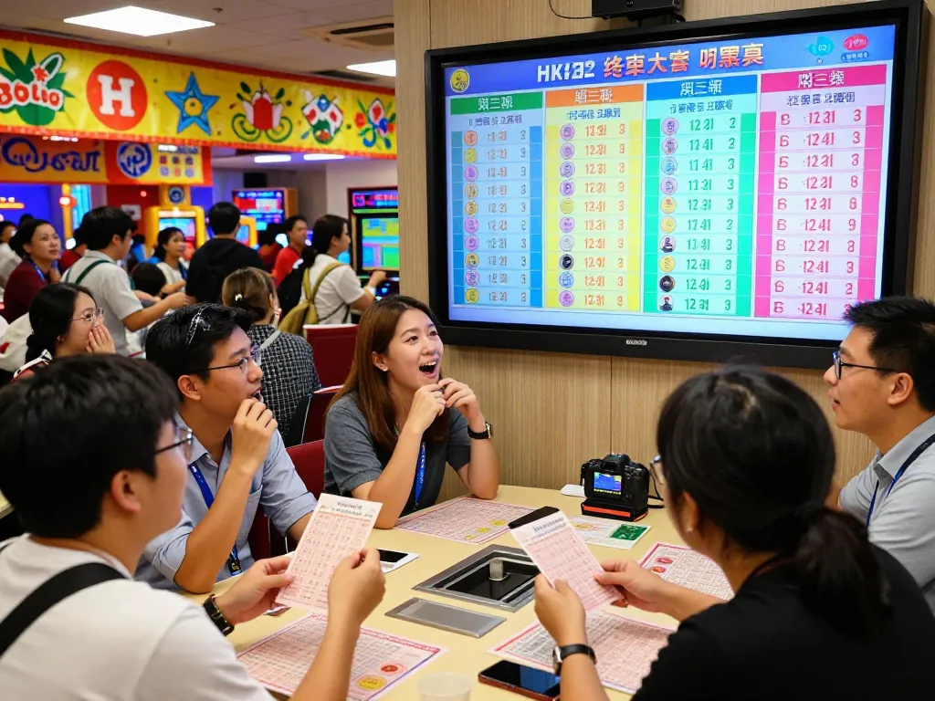 Pemain yang bersemangat menganalisis hasil HK Lotto di lingkungan lotere yang ramai.