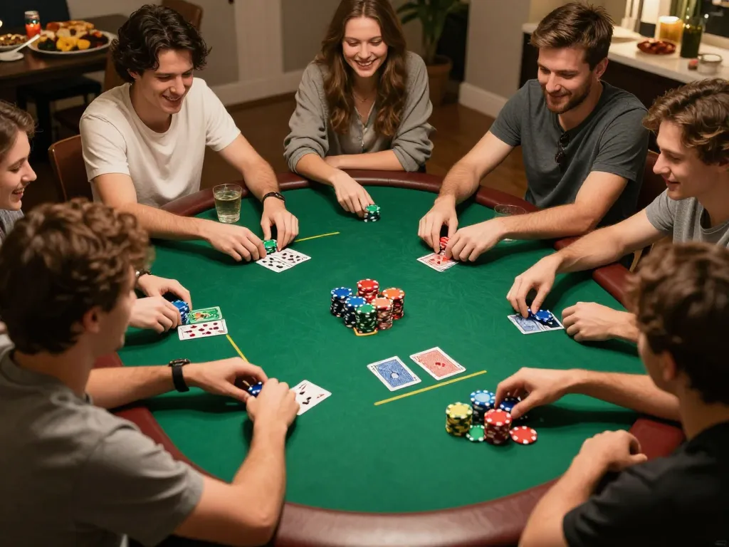 Players enjoying a spirited poker night with friends while using sunwingo strategies for winning hands.