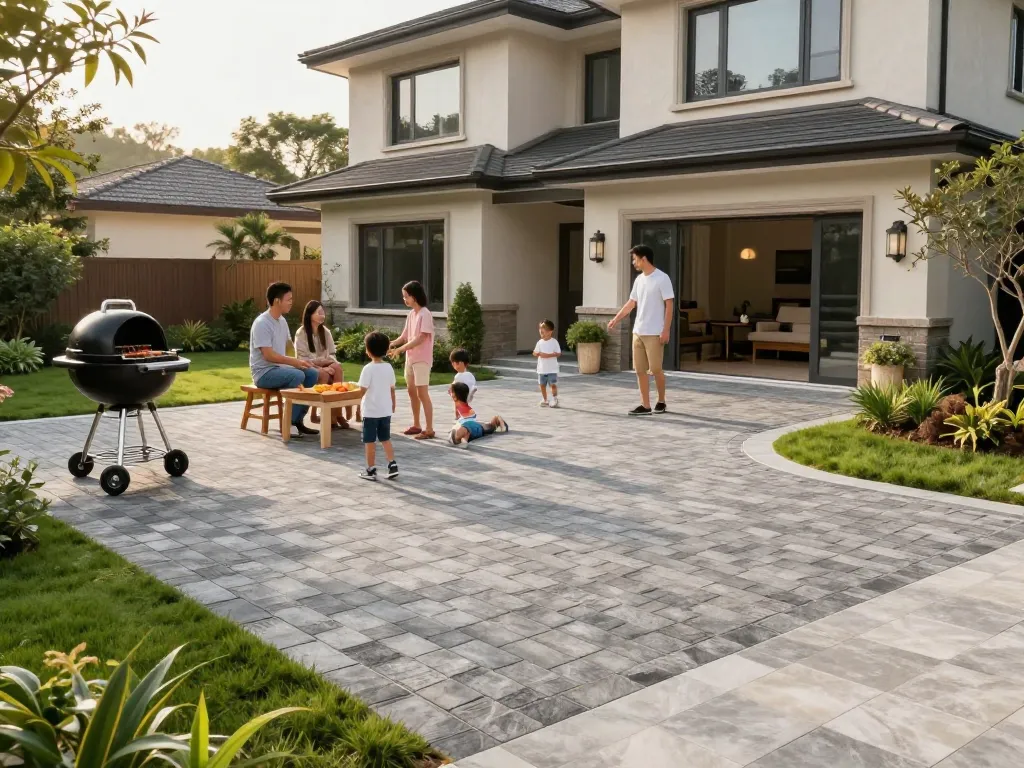 Paver driveway near me showcased with a family enjoying time outdoors in a beautifully landscaped yard.