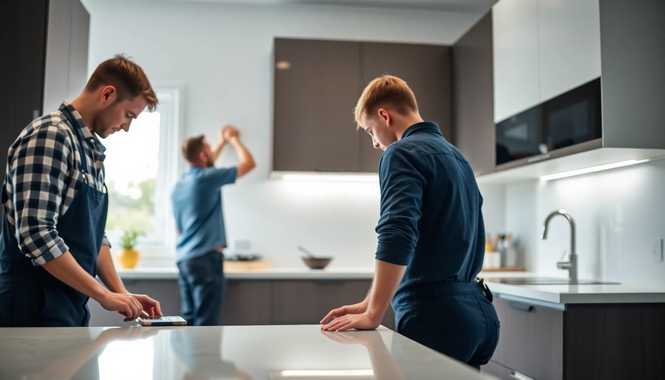 Kitchen fitters near me installing elegant cabinetry in a bright, modern kitchen.